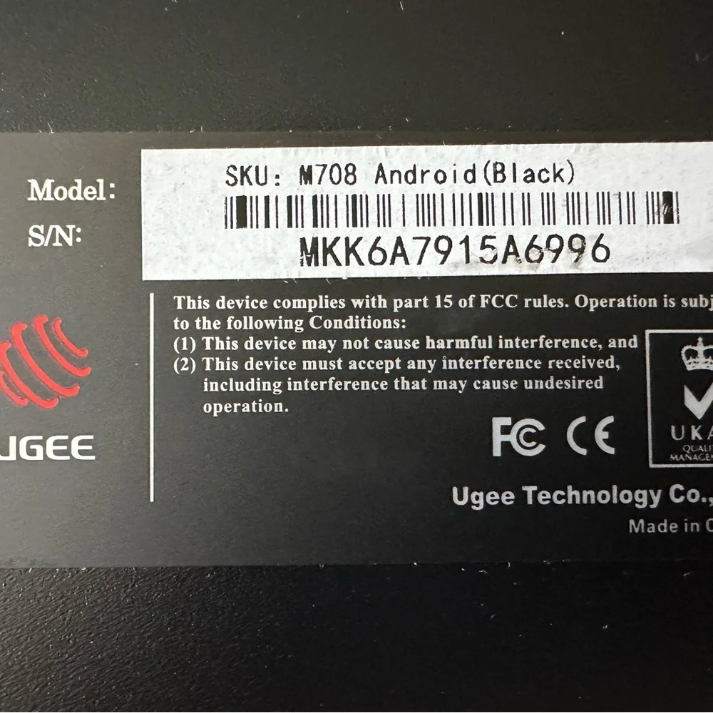 Ugee m708 drawing tablet, 10x6 inch, battery free stylus and 8 hot keys